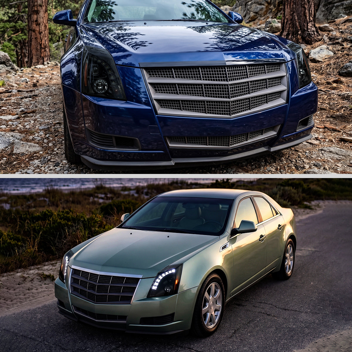 Ronnin - Se adapta a 2008-2014 Cadillac CTS Par de faros delanteros con proyector halógeno y luz LED de repuesto mejorada | Negro ahumado