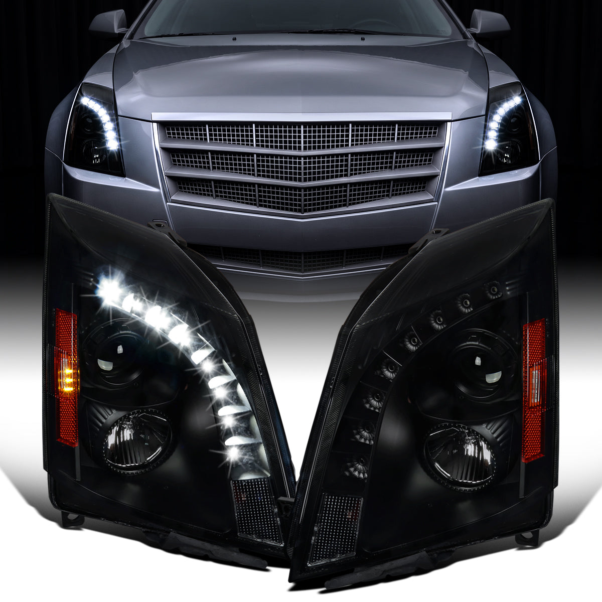 Ronnin - Se adapta a 2008-2014 Cadillac CTS Par de faros delanteros con proyector halógeno y luz LED de repuesto mejorada | Negro ahumado