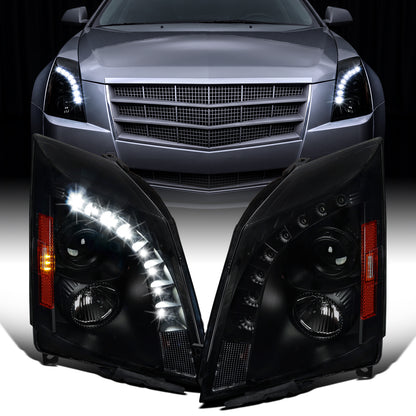 Ronnin - Se adapta a 2008-2014 Cadillac CTS Par de faros delanteros con proyector halógeno y luz LED de repuesto mejorada | Negro ahumado