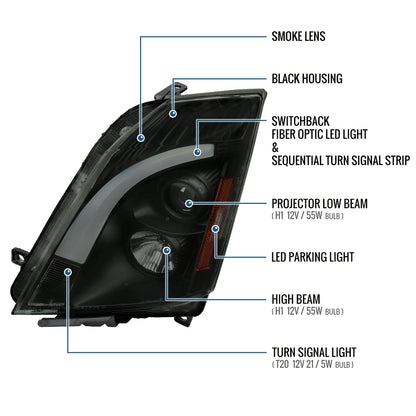 Ronnin - Fits 2008-2014 Cadillac CTS Upgraded Replacement LED Tube Switchback Sequential Turn Signal Halogen Projector Headlights Assembly Pair | Black Smoke