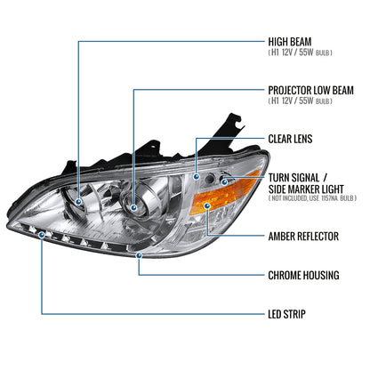 Ronnin - Fits 2004-2005 Honda Civic 2Dr 4Dr Sedan Coupe Upgraded LED Running Lights Projector Headlights Replacement Assembly Pair | Chrome