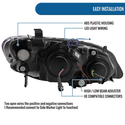 Ronnin - Fits 2004-2005 Honda Civic 2Dr 4Dr Sedan Coupe Upgraded LED Running Lights Projector Headlights Replacement Assembly Pair | Smoke