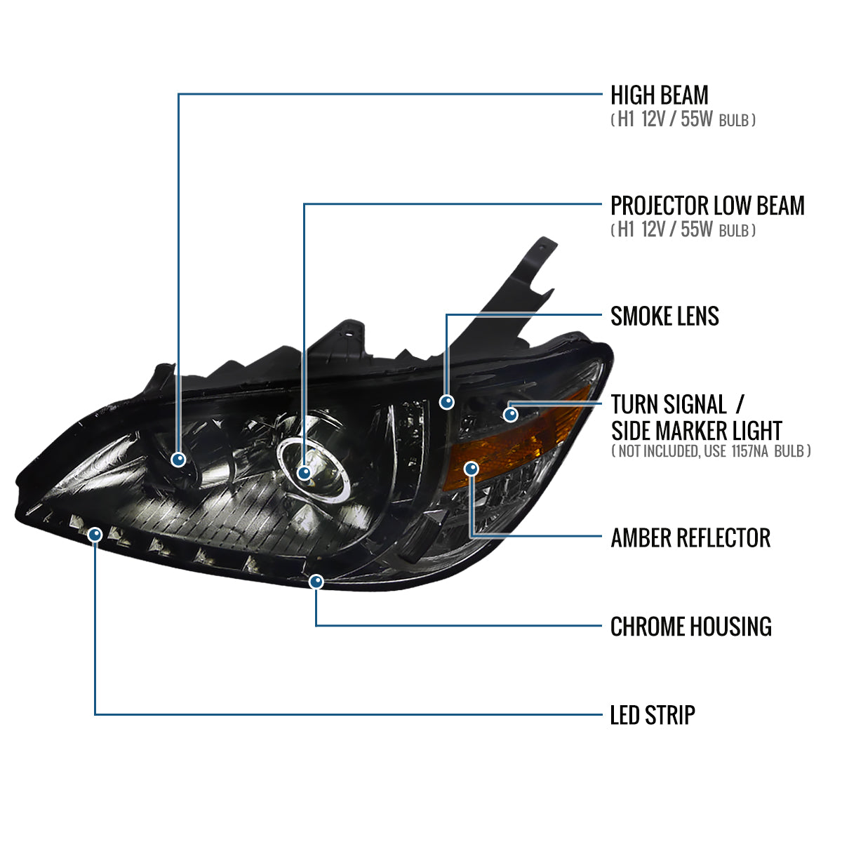 Ronnin - Fits 2004-2005 Honda Civic 2Dr 4Dr Sedan Coupe Upgraded LED Running Lights Projector Headlights Replacement Assembly Pair | Smoke
