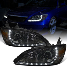 Ronnin - Fits 2004-2005 Honda Civic 2Dr 4Dr Sedan Coupe Upgraded LED Running Lights Projector Headlights Replacement Assembly Pair | Smoke