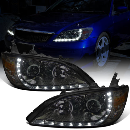 Ronnin - Fits 2004-2005 Honda Civic 2Dr 4Dr Sedan Coupe Upgraded LED Running Lights Projector Headlights Replacement Assembly Pair | Smoke