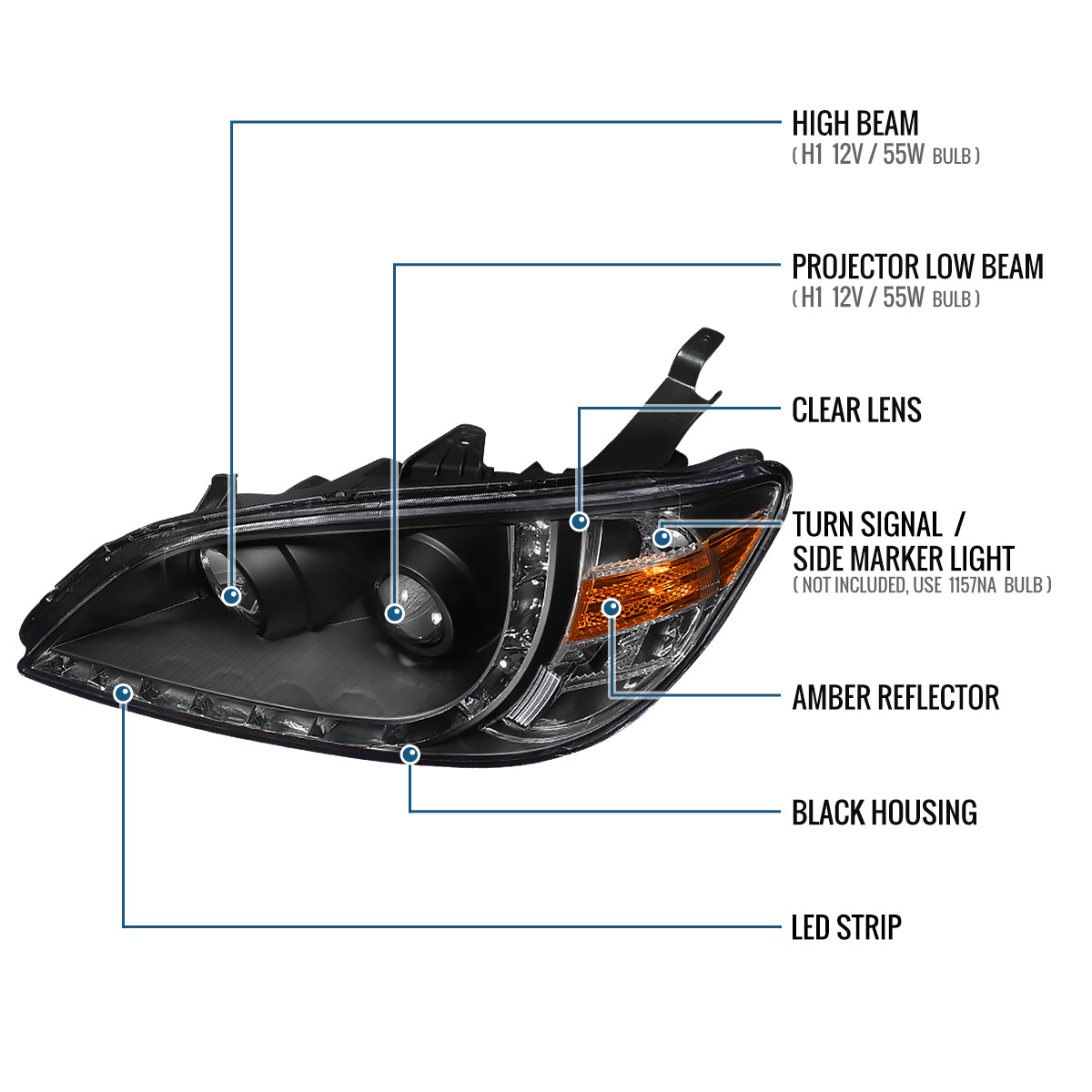 Ronnin - Fits 2004-2005 Honda Civic 2Dr 4Dr Sedan Coupe Upgraded LED Running Lights Projector Headlights Replacement Assembly Pair | Black