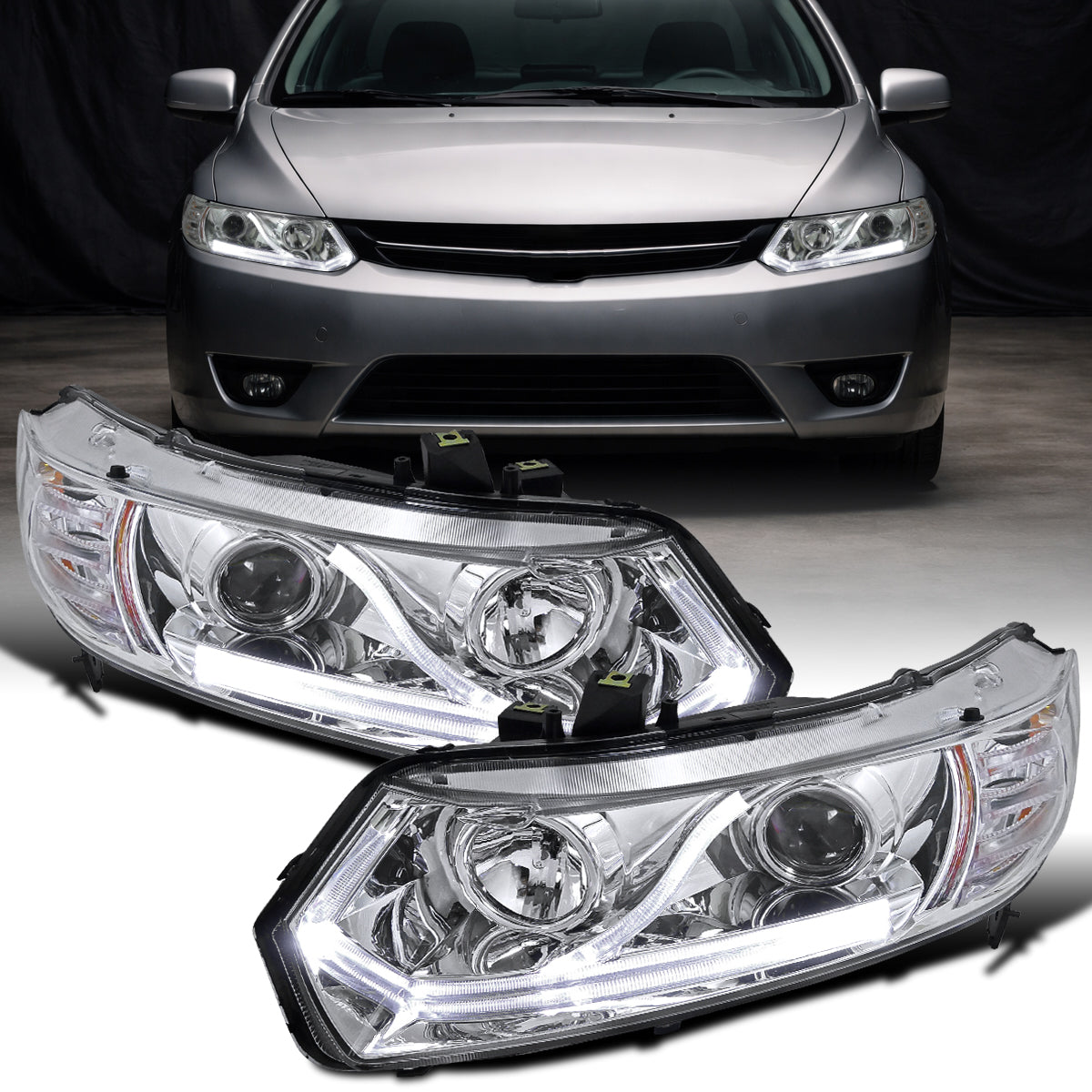 Ronnin - Faros delanteros con proyector LED y luces de circulación diurna para Honda Civic Coupé de 2 puertas 2006-2011, par | Cromo