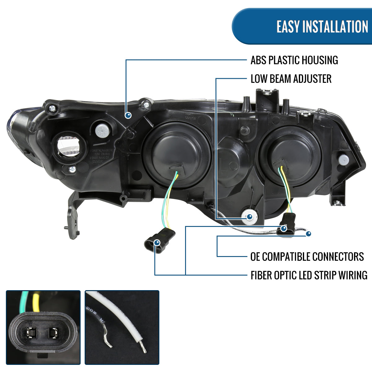 Ronnin - Faros delanteros con proyector LED de circulación diurna para Honda Civic Coupé de 2 puertas 2006-2011, par | Negro
