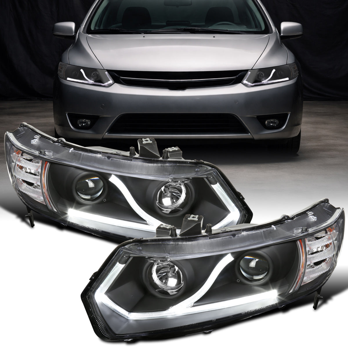 Ronnin - Faros delanteros con proyector LED de circulación diurna para Honda Civic Coupé de 2 puertas 2006-2011, par | Negro