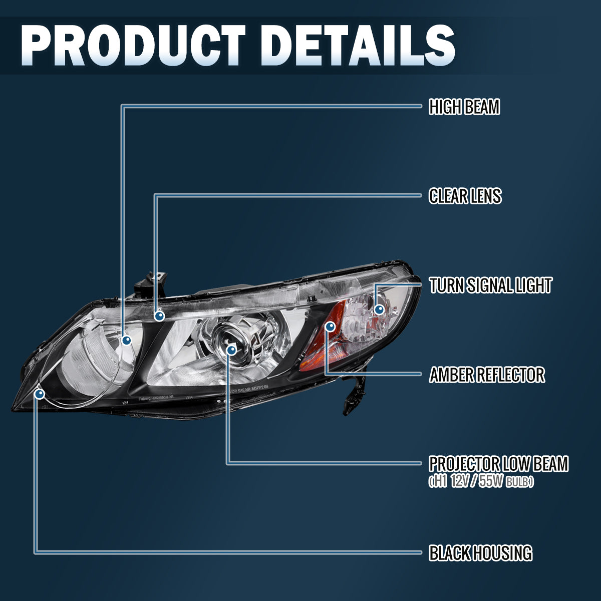2006-2011 Honda Civic 4-Door Sedan  Replacement Projector Headlights Assembly Pair | Black