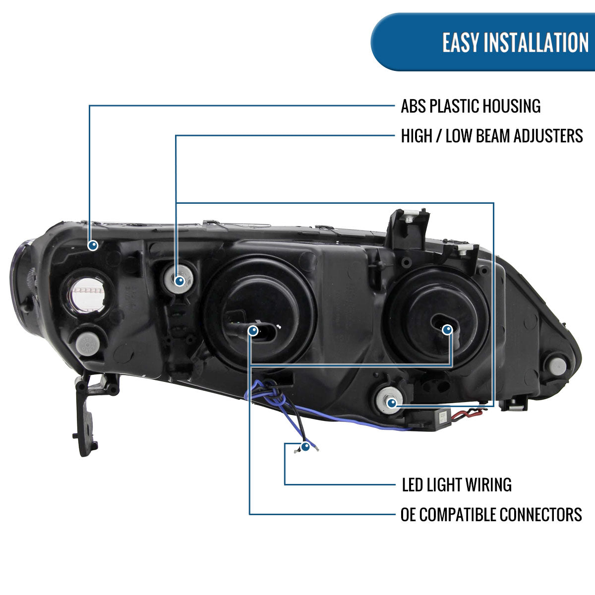Ronnin - Se adapta a Honda Civic Sedan 4 puertas 2006-2011 Luces LED de circulación diurna Proyector de faros delanteros Par | Negro