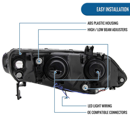 Ronnin - Se adapta a Honda Civic Sedan 4 puertas 2006-2011 Luces LED de circulación diurna Proyector de faros delanteros Par | Negro