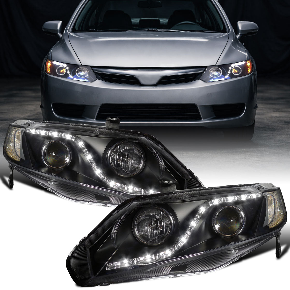 Ronnin - Se adapta a Honda Civic Sedan 4 puertas 2006-2011 Luces LED de circulación diurna Proyector de faros delanteros Par | Negro