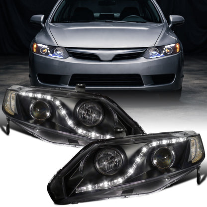 Ronnin - Se adapta a Honda Civic Sedan 4 puertas 2006-2011 Luces LED de circulación diurna Proyector de faros delanteros Par | Negro