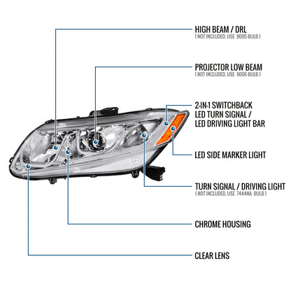 2012-2013 Honda Civic 2Dr 2012-2015 4Dr Projector Headlights LED Switchback Turn Signal Lights Assembly Pair | Chrome