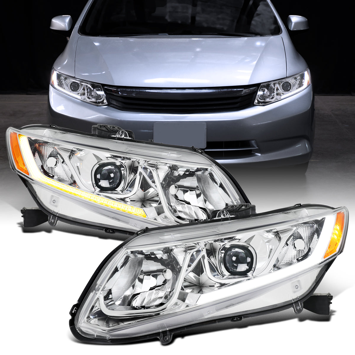 2012-2013 Honda Civic 2Dr 2012-2015 4Dr Projector Headlights LED Switchback Turn Signal Lights Assembly Pair | Chrome