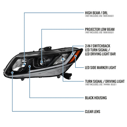 2012-2013 Honda Civic 2Dr 2012-2015 4Dr Projector Headlights LED Switchback Turn Signal Lights Assembly Pair | Black