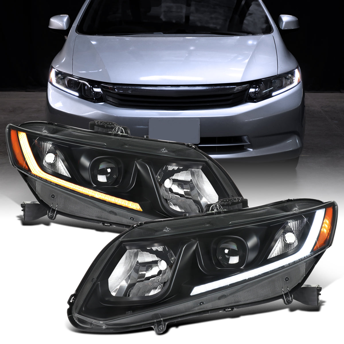 2012-2013 Honda Civic 2Dr 2012-2015 4Dr Projector Headlights LED Switchback Turn Signal Lights Assembly Pair | Black