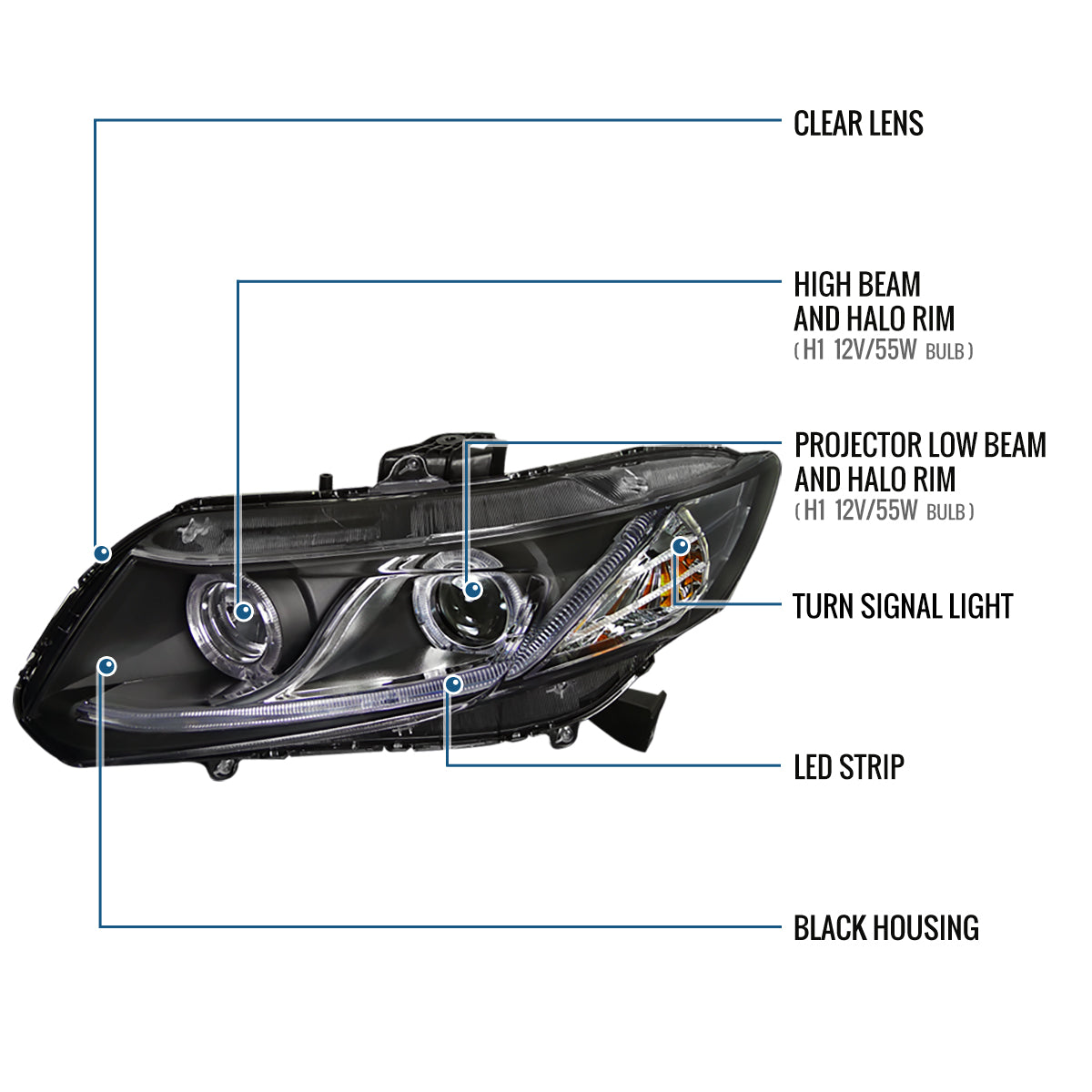 2012-2013 Honda Civic 2Dr Coupe 2012-2015 Honda Civic 4Dr Sedan LED Dual Rims Running Lights Projector Headlights Assembly Pair | Black