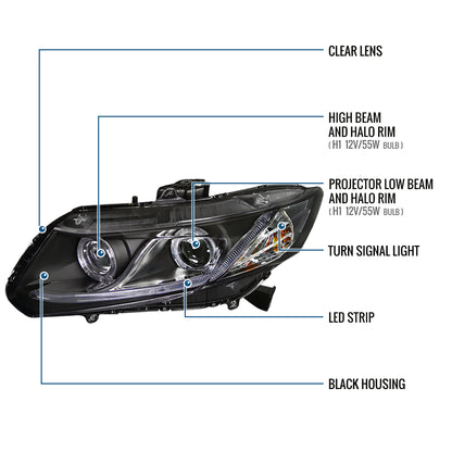 2012-2013 Honda Civic 2Dr Coupe 2012-2015 Honda Civic 4Dr Sedan LED Dual Rims Running Lights Projector Headlights Assembly Pair | Black