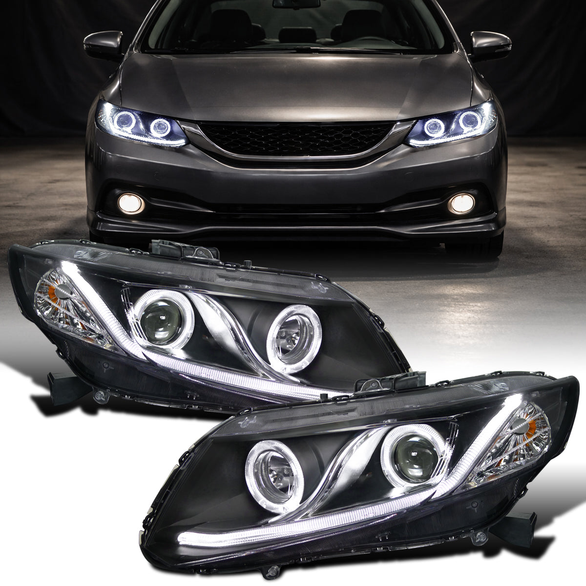 2012-2013 Honda Civic 2Dr Coupe 2012-2015 Honda Civic 4Dr Sedan LED Dual Rims Running Lights Projector Headlights Assembly Pair | Black