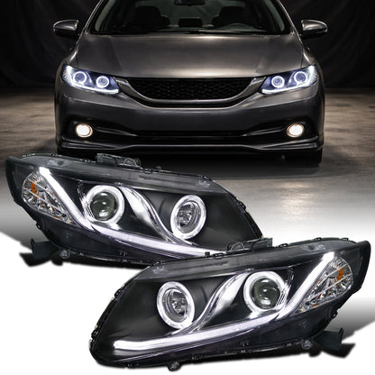 2012-2013 Honda Civic 2Dr Coupe 2012-2015 Honda Civic 4Dr Sedan LED Dual Rims Running Lights Projector Headlights Assembly Pair | Black