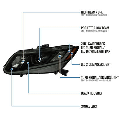 2012-2013 Honda Civic 2Dr 2012-2015 4Dr Projector Headlights LED Switchback Turn Signal Lights Assembly Pair | Black Smoke
