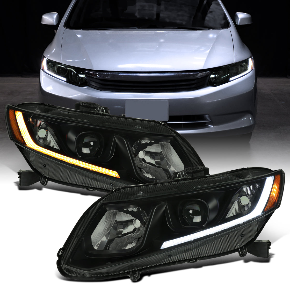 2012-2013 Honda Civic 2Dr 2012-2015 4Dr Projector Headlights LED Switchback Turn Signal Lights Assembly Pair | Black Smoke