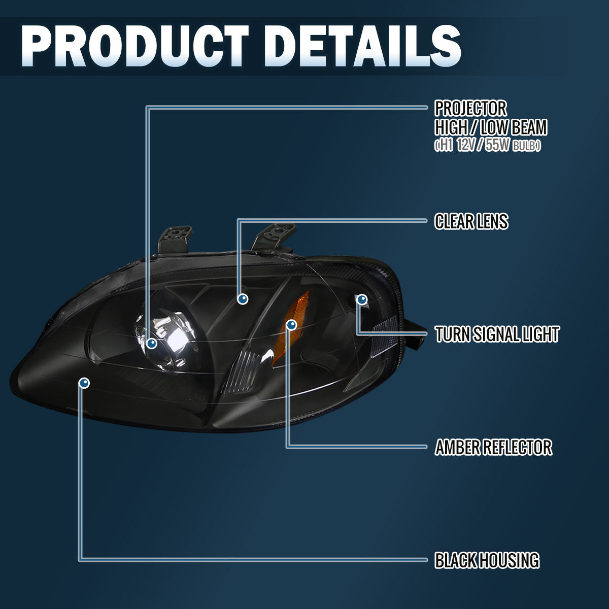 Ronnin - Compatible con Honda Civic 2 puertas Coupé 4 puertas Sedán 1999-2000 Proyector Faros delanteros Ensamblaje de reemplazo Par | Negro
