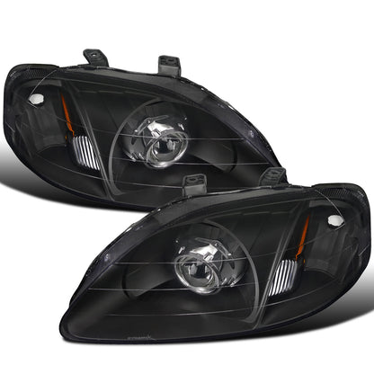 Ronnin - Compatible con Honda Civic 2 puertas Coupé 4 puertas Sedán 1999-2000 Proyector Faros delanteros Ensamblaje de reemplazo Par | Negro