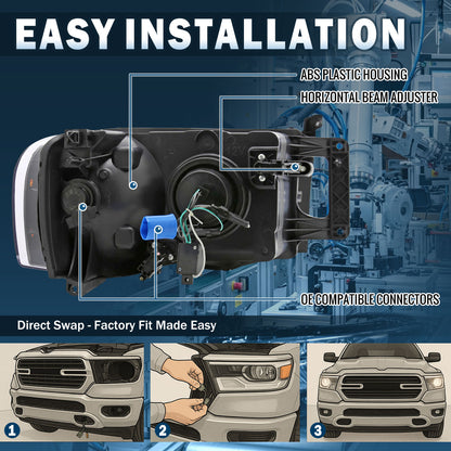 Ronnin - Compatible con Dodge Ram 1500 2500 3500 Pickup Truck 2002-2005 Par de faros proyectores de repuesto | Negro