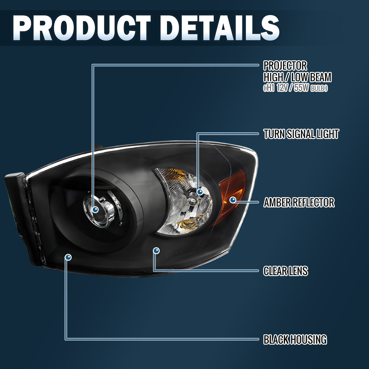 2006-2009 Dodge Ram 1500 2500 3500 Pickup Truck Projector Headlights Replacement Assembly Pair | Black