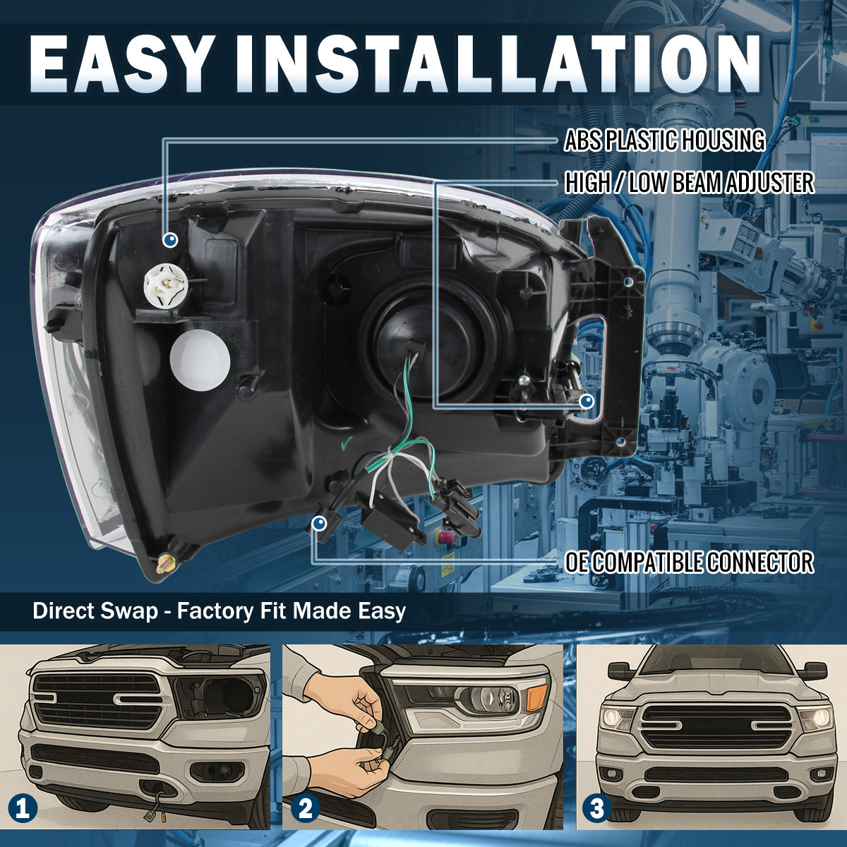 2006-2009 Dodge Ram 1500 2500 3500 Pickup Truck Projector Headlights Replacement Assembly Pair | Black