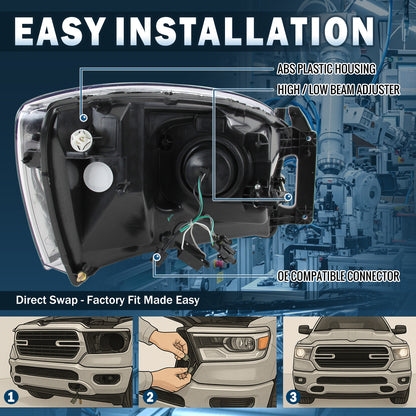 2006-2009 Dodge Ram 1500 2500 3500 Pickup Truck Projector Headlights Replacement Assembly Pair | Black