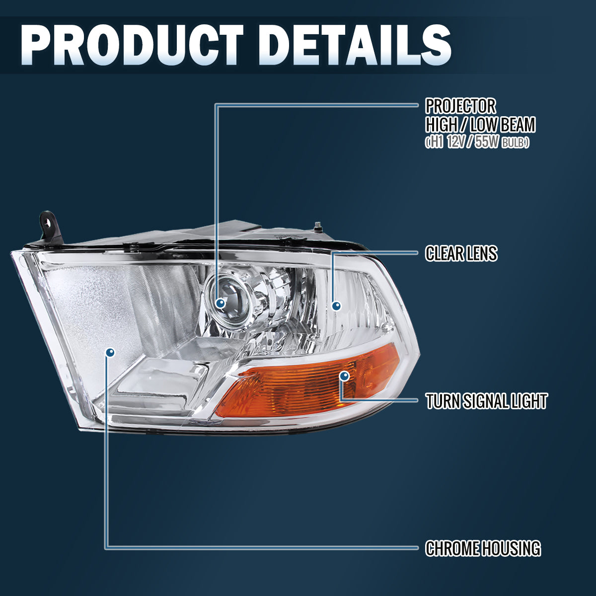 2009-2024 Ram 1500 2500 3500 Classic Pickup Truck Projector Headlights Replacement Assembly Pair | Chrome