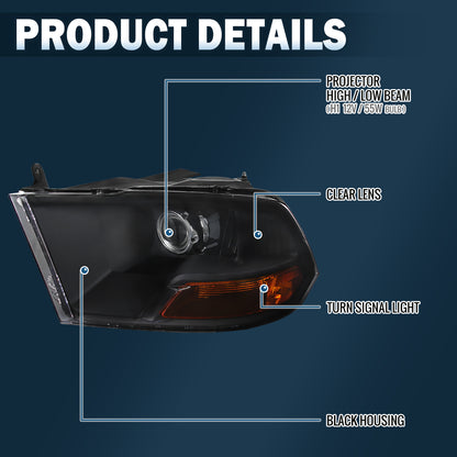 Ronnin - Compatible con Ram 1500 2500 3500 Classic Pickup Truck de 2009-2024, Par de Conjuntos de Faros Delanteros de Proyector de Repuesto | Negros