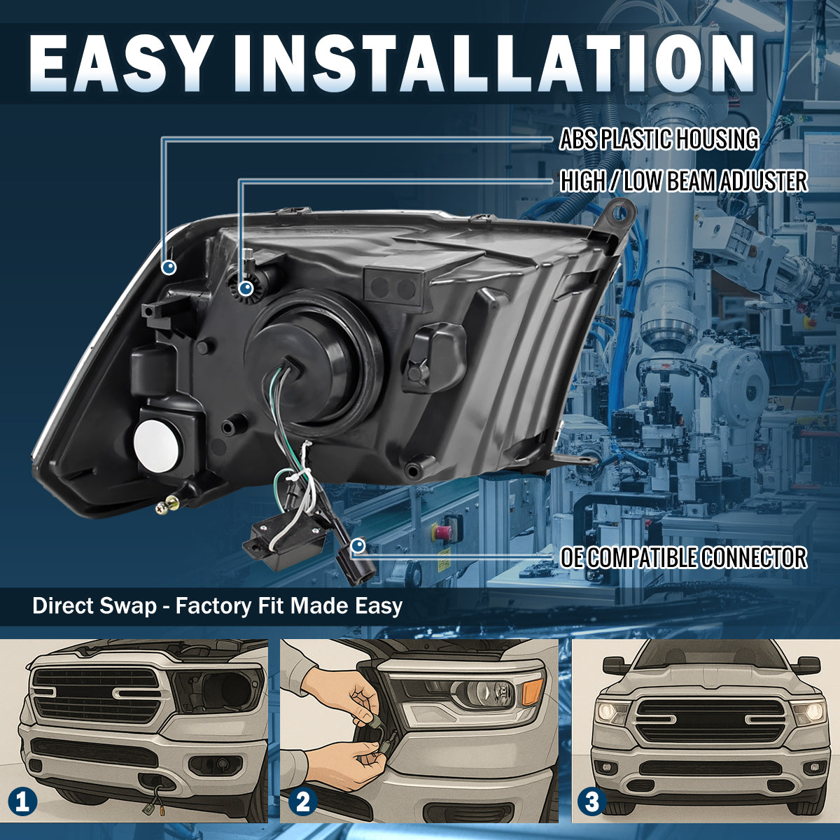 Ronnin - Compatible con Ram 1500 2500 3500 Classic Pickup Truck de 2009-2024, Par de Conjuntos de Faros Delanteros de Proyector de Repuesto | Negros
