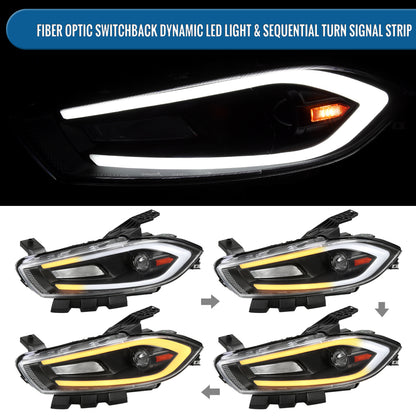 Ronnin - Fits 2013-2016 Dodge Dart Halogen Projector Headlights LED Switchback Sequential Turn Signals + Animated Startup Effect Parking Assembly Pair | Black