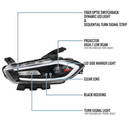 Ronnin - Fits 2013-2016 Dodge Dart Halogen Projector Headlights LED Switchback Sequential Turn Signals + Animated Startup Effect Parking Assembly Pair | Black