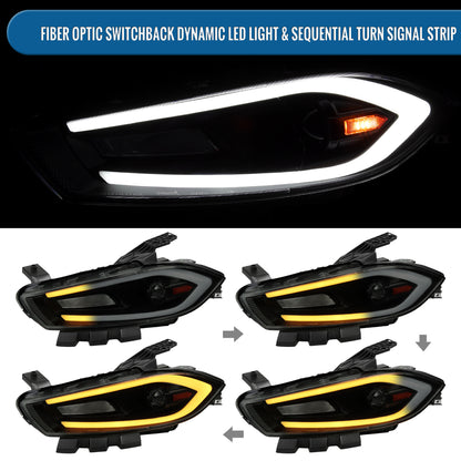 Ronnin - Fits 2013-2016 Dodge Dart Halogen Projector Headlights LED Switchback Sequential Turn Signals + Animated Startup Effect Parking Assembly Pair | Black Smoke