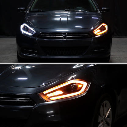 Ronnin - Fits 2013-2016 Dodge Dart Halogen Projector Headlights LED Switchback Sequential Turn Signals + Animated Startup Effect Parking Assembly Pair | Black Smoke