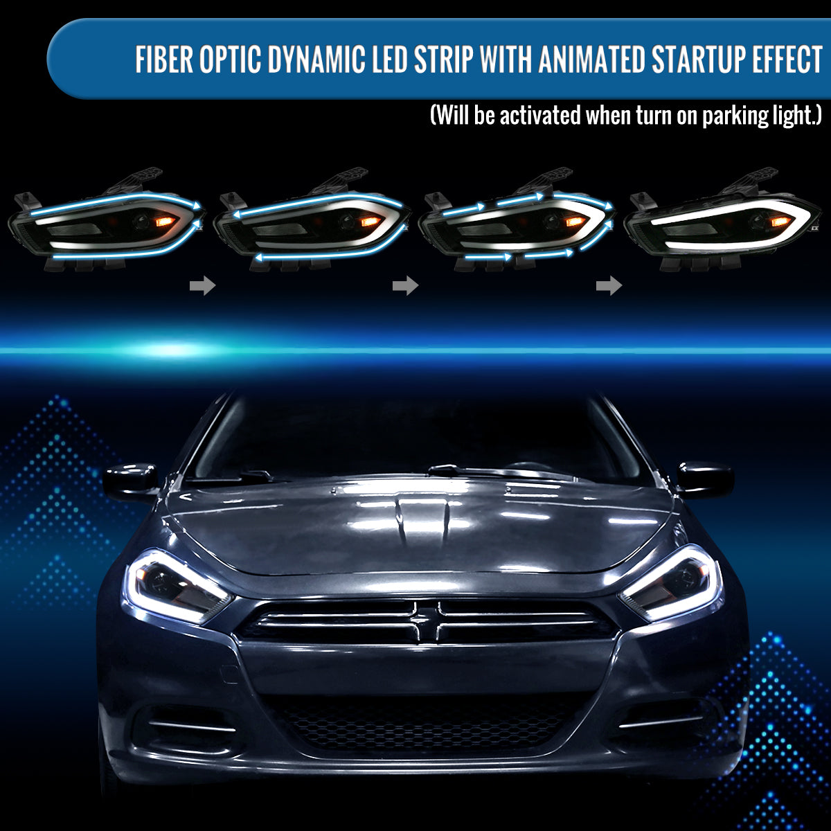 Ronnin - Fits 2013-2016 Dodge Dart Halogen Projector Headlights LED Switchback Sequential Turn Signals + Animated Startup Effect Parking Assembly Pair | Black Smoke