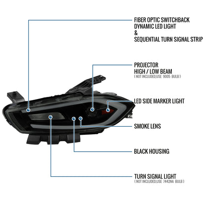 Ronnin - Fits 2013-2016 Dodge Dart Halogen Projector Headlights LED Switchback Sequential Turn Signals + Animated Startup Effect Parking Assembly Pair | Black Smoke