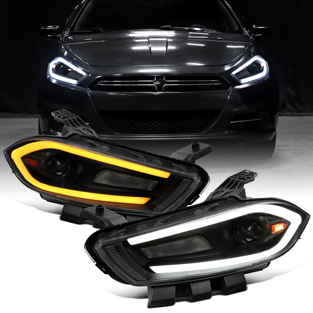 Ronnin - Fits 2013-2016 Dodge Dart Halogen Projector Headlights LED Switchback Sequential Turn Signals + Animated Startup Effect Parking Assembly Pair | Black Smoke
