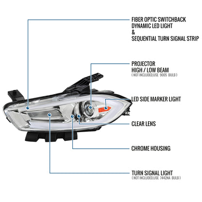 Ronnin - Fits 2013-2016 Dodge Dart Halogen Projector Headlights LED Switchback Sequential Turn Signals + Animated Startup Effect Parking Assembly Pair | Chrome