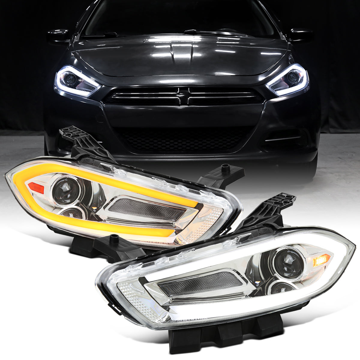 Ronnin - Fits 2013-2016 Dodge Dart Halogen Projector Headlights LED Switchback Sequential Turn Signals + Animated Startup Effect Parking Assembly Pair | Chrome