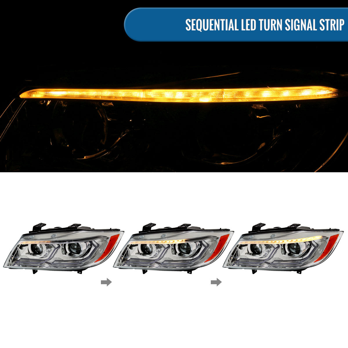 Ronnin - Fits 2006-2011 BMW 3-Series 325i 328i 330i E90 E91 Upgraded Dual Projector Halogen Headlights LED Sequential Turn Signals + Animated Startup Pair | Chrome