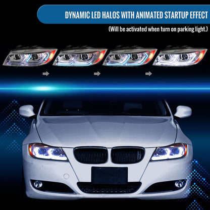 Ronnin - Fits 2006-2011 BMW 3-Series 325i 328i 330i E90 E91 Upgraded Dual Projector Halogen Headlights LED Sequential Turn Signals + Animated Startup Pair | Chrome