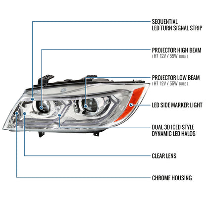 Ronnin - Fits 2006-2011 BMW 3-Series 325i 328i 330i E90 E91 Upgraded Dual Projector Halogen Headlights LED Sequential Turn Signals + Animated Startup Pair | Chrome