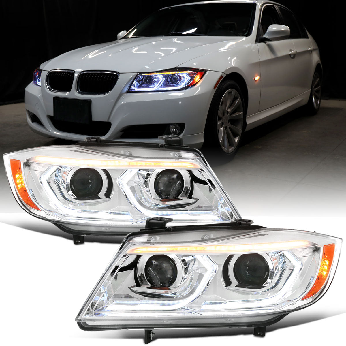 Ronnin - Fits 2006-2011 BMW 3-Series 325i 328i 330i E90 E91 Upgraded Dual Projector Halogen Headlights LED Sequential Turn Signals + Animated Startup Pair | Chrome